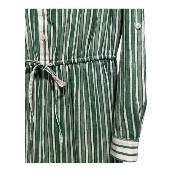 Loft Women's White Green Striped Tab Sleeve Button Flounce Dress - Picture 4 of 12